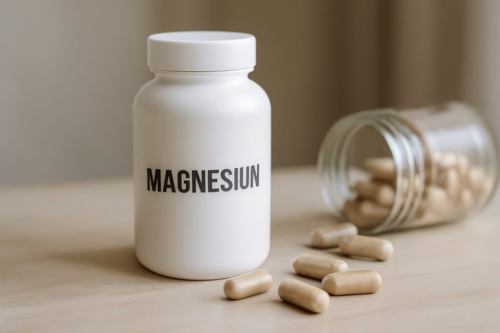 Bottles of magnesium supplements displayed on pharmacy shelves, illustrating where you can buy magnesium for dietary or health needs.