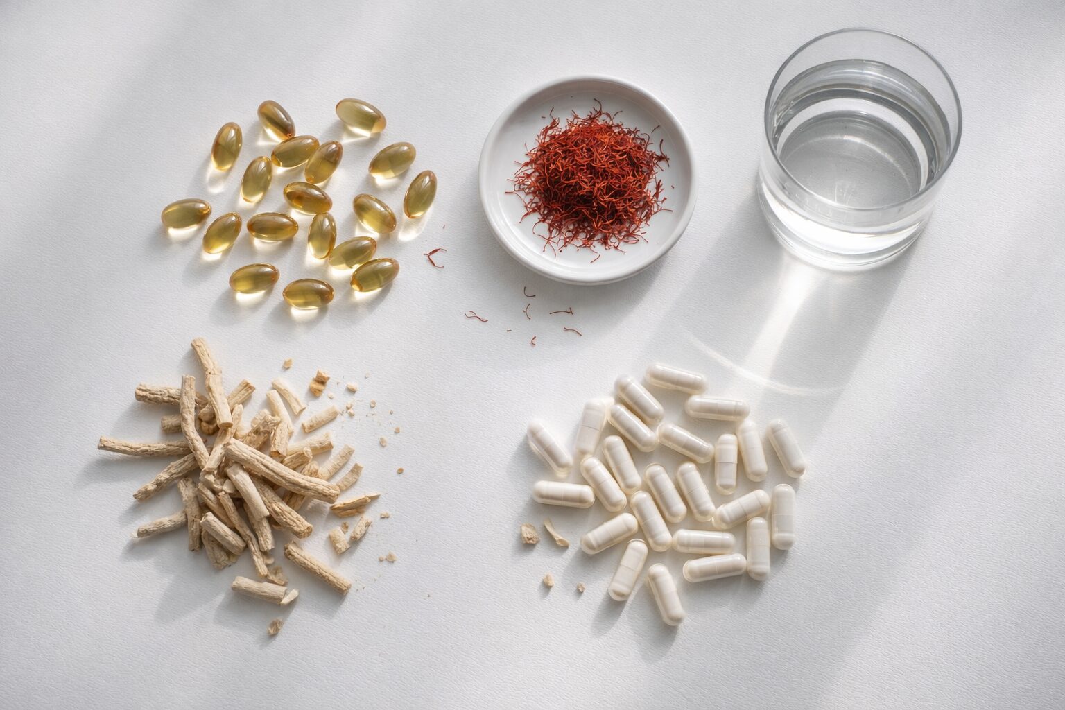 A selection of calming herbs for anxiety, including chamomile, lavender, valerian root, and passionflower, displayed on a wooden table with tea cups.
