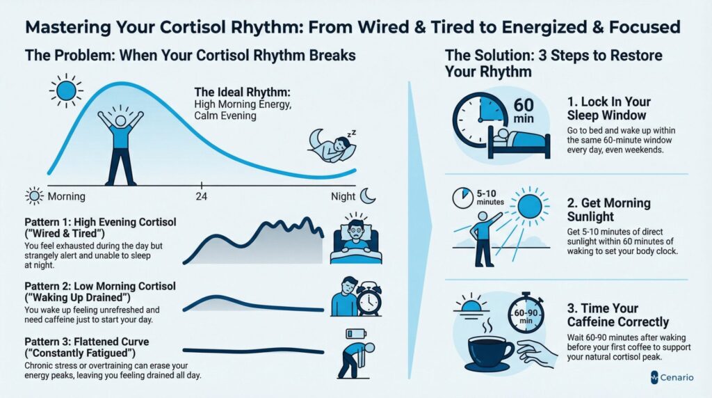 A hand holding a magnifying glass inspects a document with a bar graph and data chart. Laptops and papers suggesting data analysis are scattered on a desk.