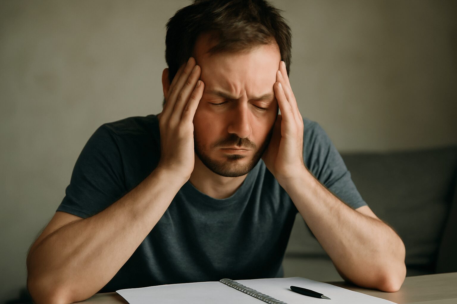 A tired person sits at a desk with their head resting on their hand, surrounded by papers and a laptop, showing signs of mental fatigue.