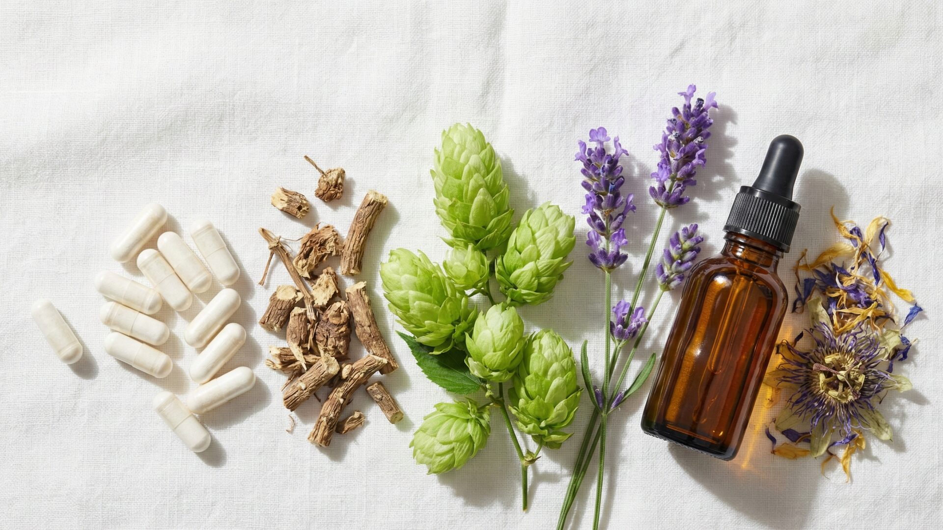 A bottle of natural sleep aid for adults with herbal ingredients like valerian root and chamomile, placed on a bedside table next to a glass of water.