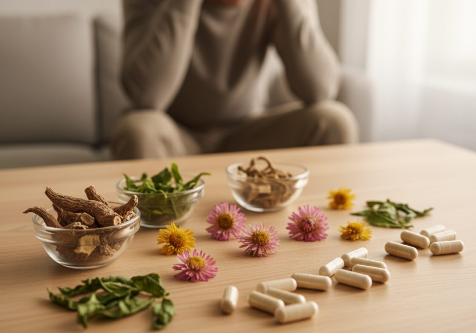 A young woman with long dark hair poses in front of a bush covered in pink flowers. She is wearing a white top and gazing directly at the camera with a gentle expression.