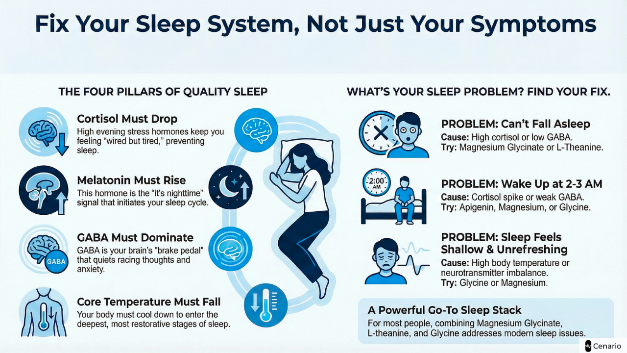Infographic explaining four pillars of quality sleep and common sleep problems