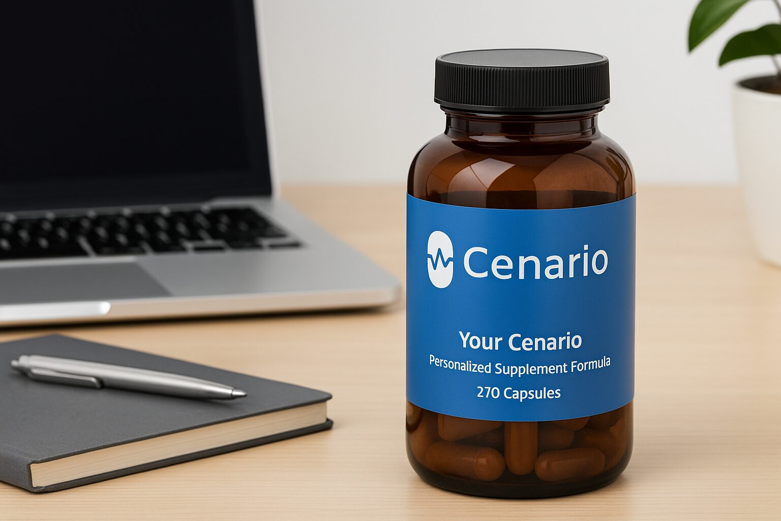 Bottles of personalized supplements with custom labels arranged on a table, highlighting tailored vitamins and nutrients for individual health needs.