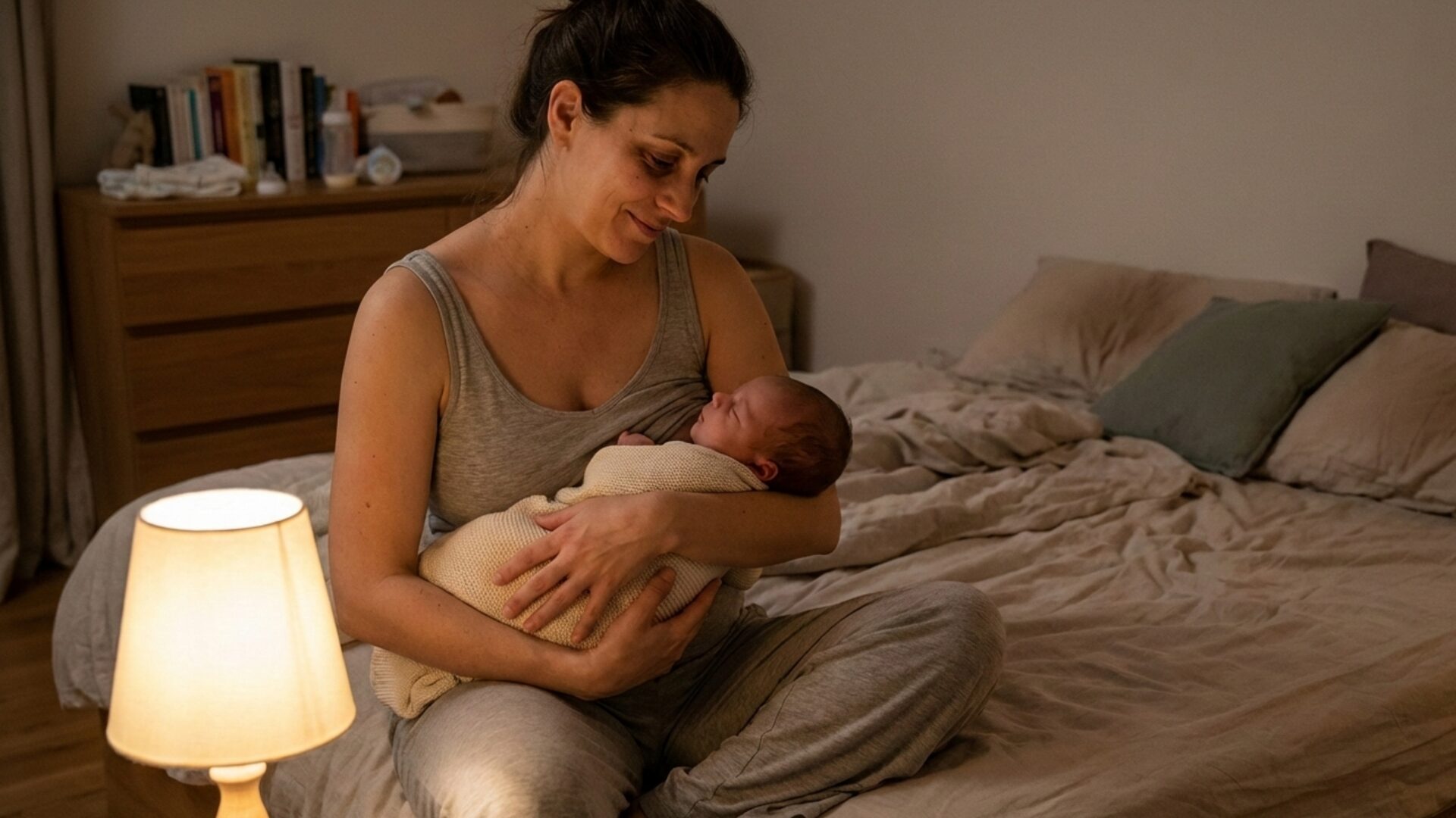 A new mother sits awake in bed at night, looking tired and anxious, struggling with postpartum insomnia while her newborn sleeps nearby in a crib.