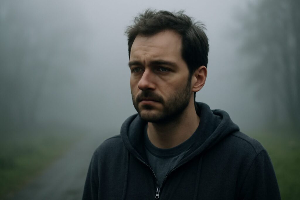 A person sits alone on a couch, staring blankly ahead with an expressionless face, symbolizing emotional numbness and detachment from their surroundings.