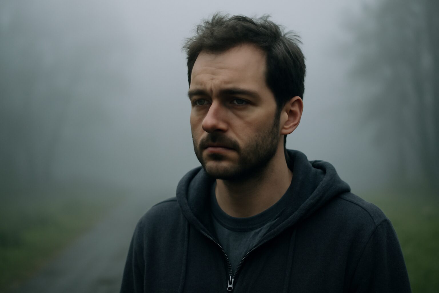 A person sits alone on a couch, staring blankly ahead with an expressionless face, symbolizing emotional numbness and detachment from their surroundings.