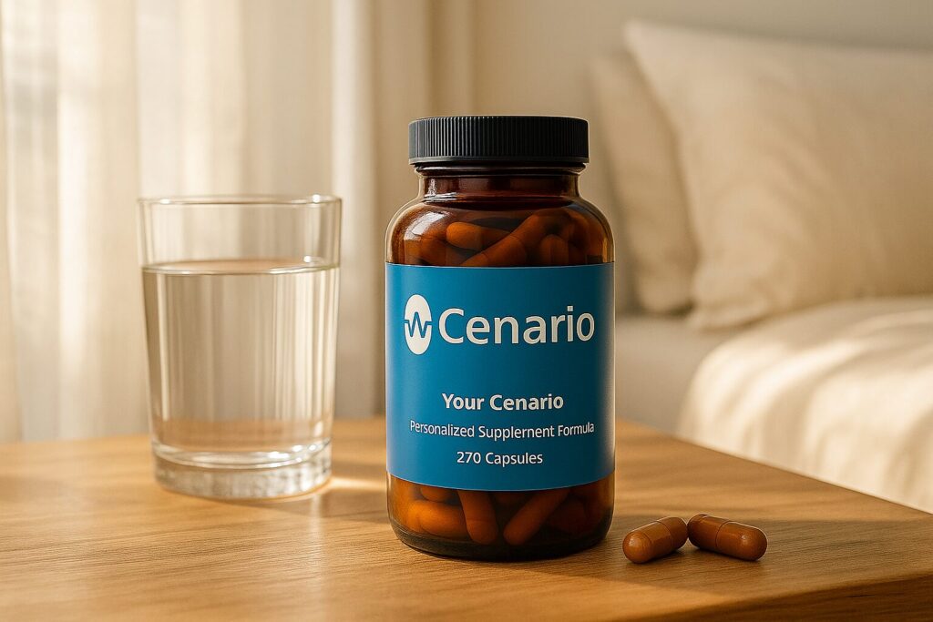 A bottle of the best magnesium supplement for sleep placed on a bedside table, highlighting its use for promoting restful sleep and nighttime relaxation.