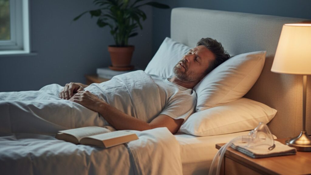 A person with sleep apnea practicing sleep hygiene by maintaining a regular bedtime routine and using a CPAP machine for better nighttime breathing.