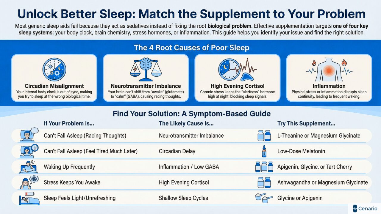 A lineup of sleep supplement bottles, including magnesium and melatonin, displayed on a marble surface. Text above reads "Sleep Supplements That Work: Evidence and Proper Dosing."