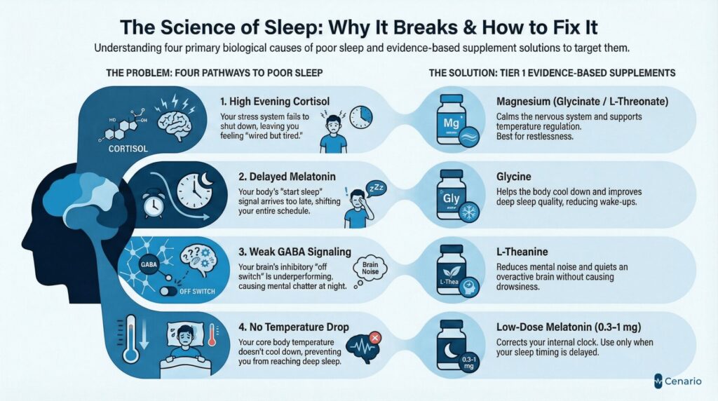 Infographic illustrating sleep restoration mechanisms, recommended supplements, and supporting evidence. Includes icons and brief descriptions for each supplement's effect on sleep quality.