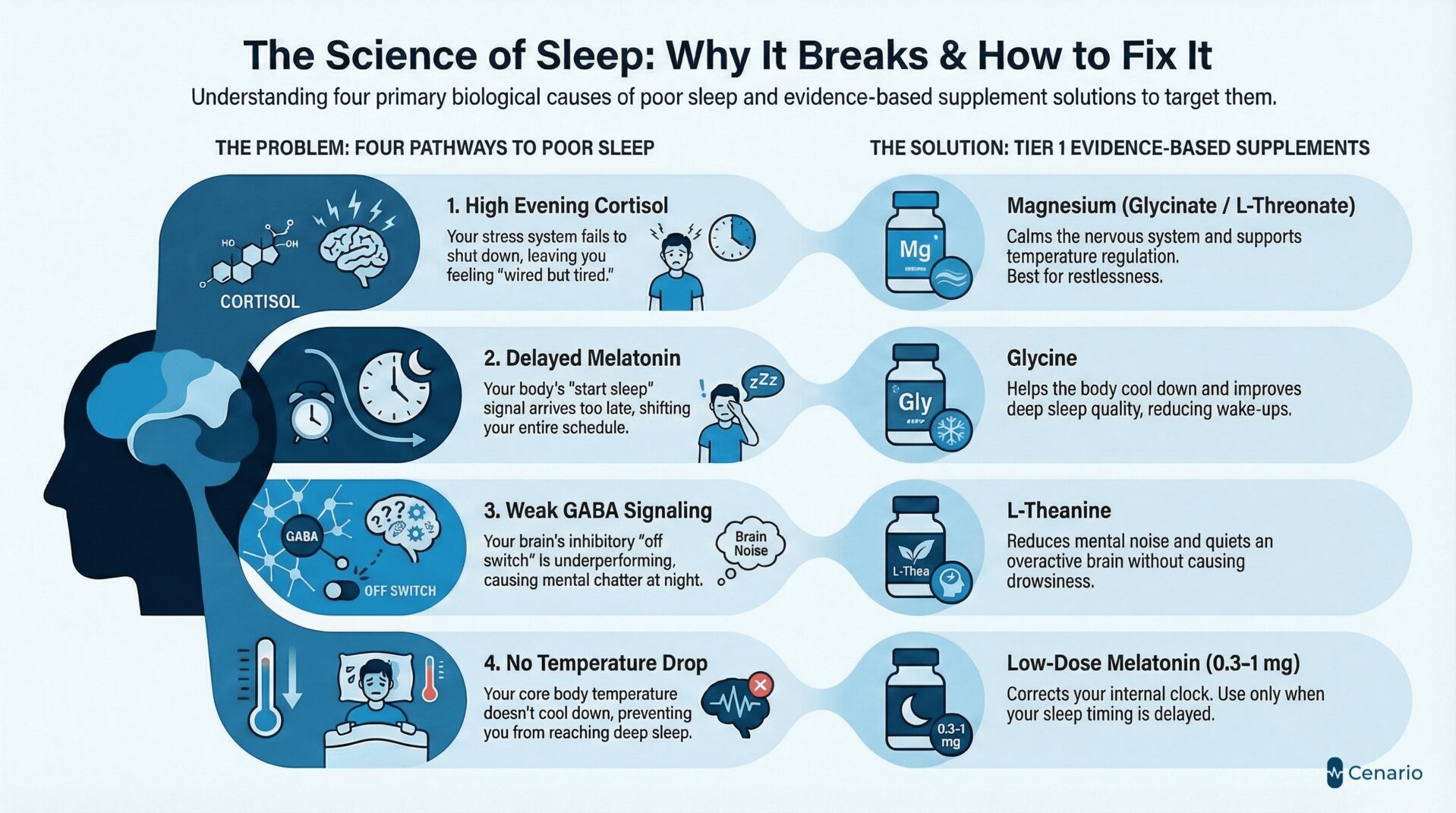 Infographic illustrating sleep restoration mechanisms, recommended supplements, and supporting evidence. Includes icons and brief descriptions for each supplement's effect on sleep quality.