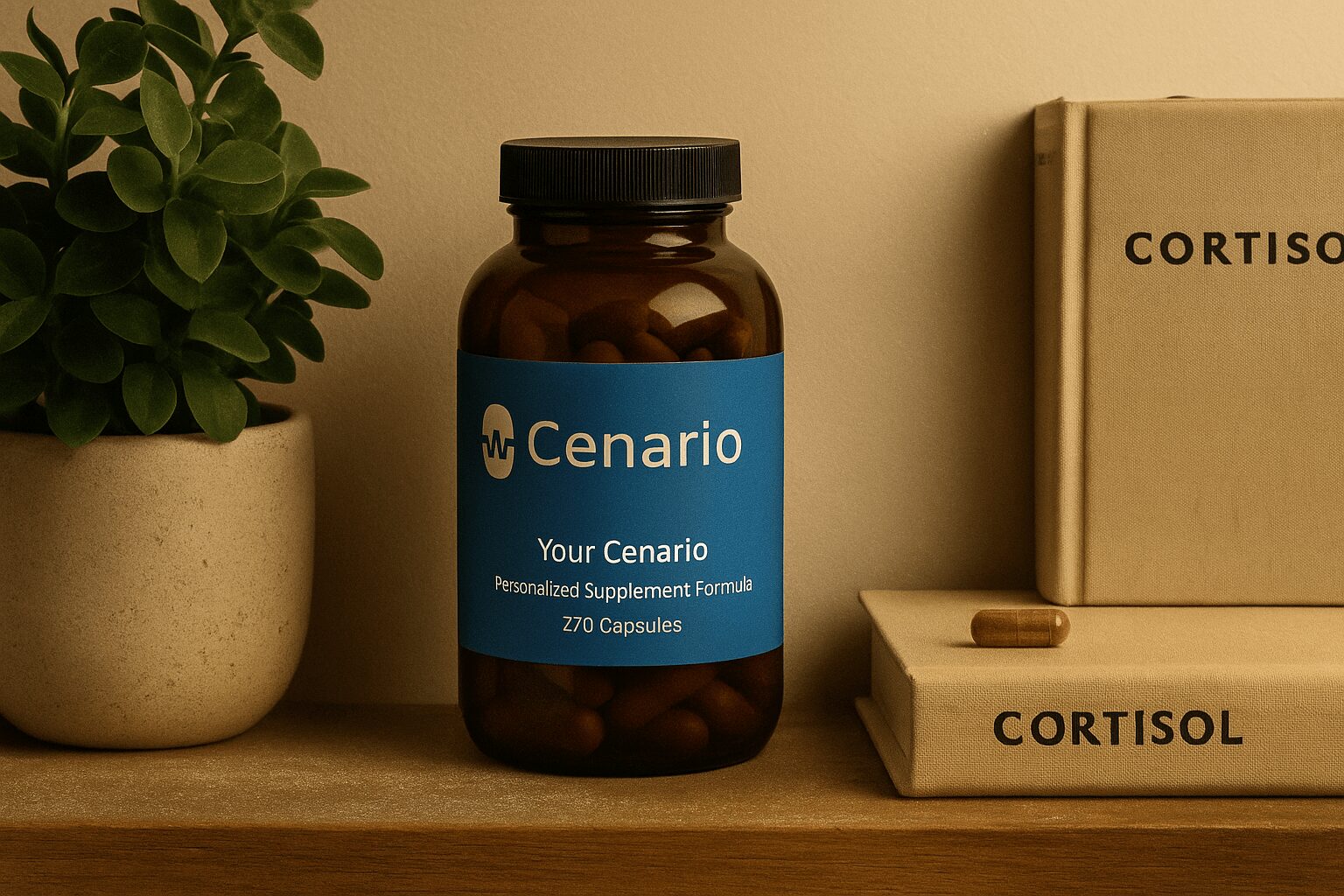 A sleek retail shelf displays neatly arranged wellness products in minimalist white packaging. Green plants and warm wooden accents enhance the serene, inviting atmosphere.