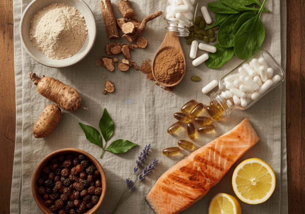 Two people sit at an office desk, discussing documents spread in front of them. A computer monitor displays a bar chart next to them, indicating a business meeting or data review.