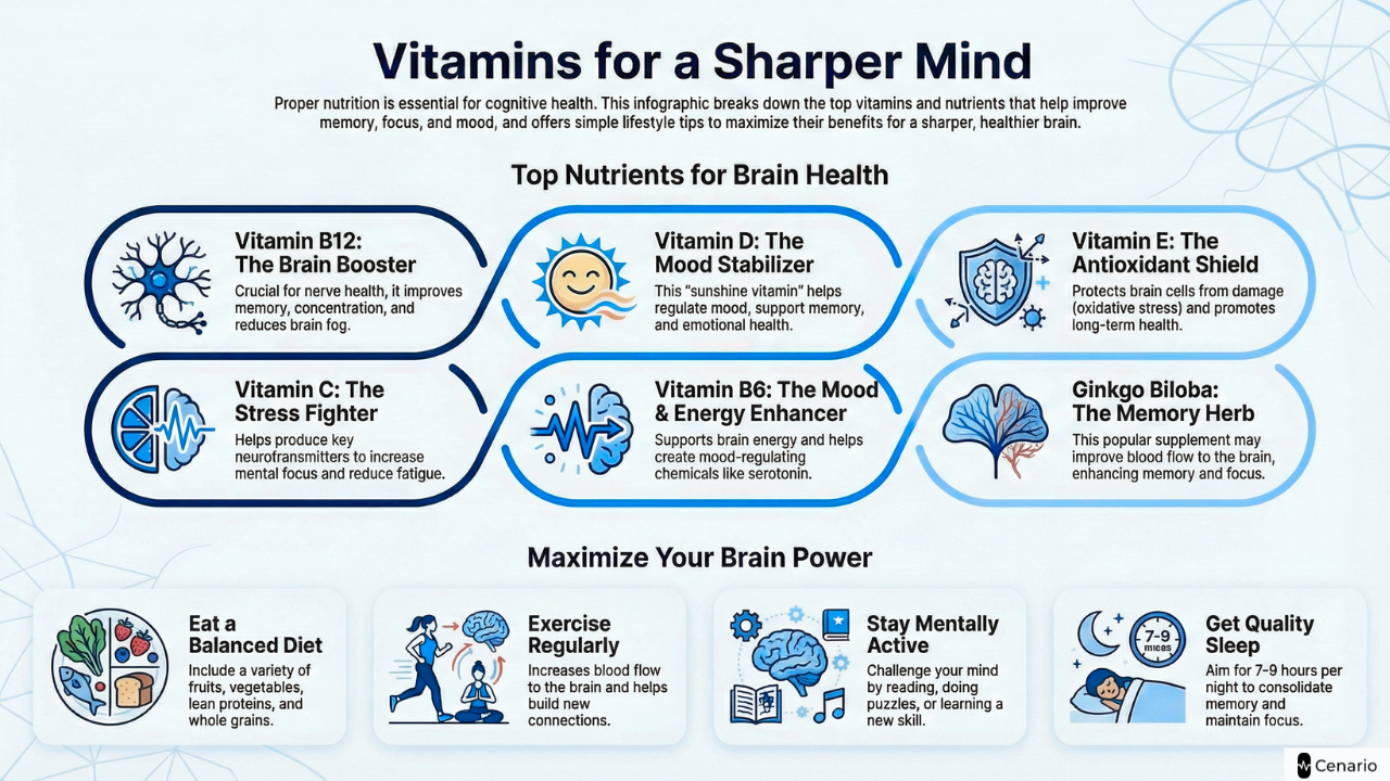 Infographic showing top vitamins and tips for brain health and mental clarity
