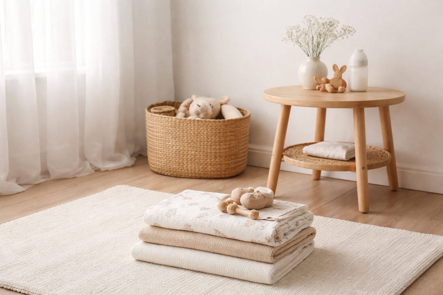 A new mother sits quietly by a window, gently cradling her newborn, her expression reflecting the emotional ups and downs of baby blues after childbirth.