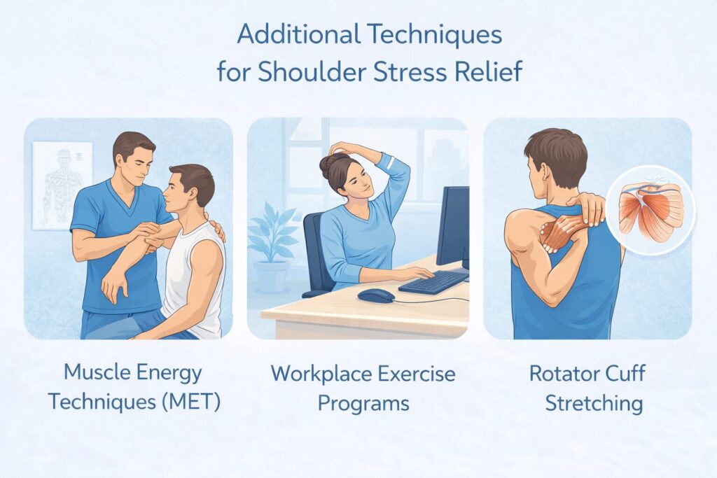 Person practicing shoulder stretches and deep breathing exercises at home to relieve stress and tension in shoulders, promoting relaxation and comfort.
