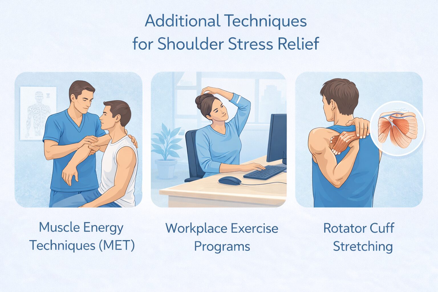 Person practicing shoulder stretches and deep breathing exercises at home to relieve stress and tension in shoulders, promoting relaxation and comfort.