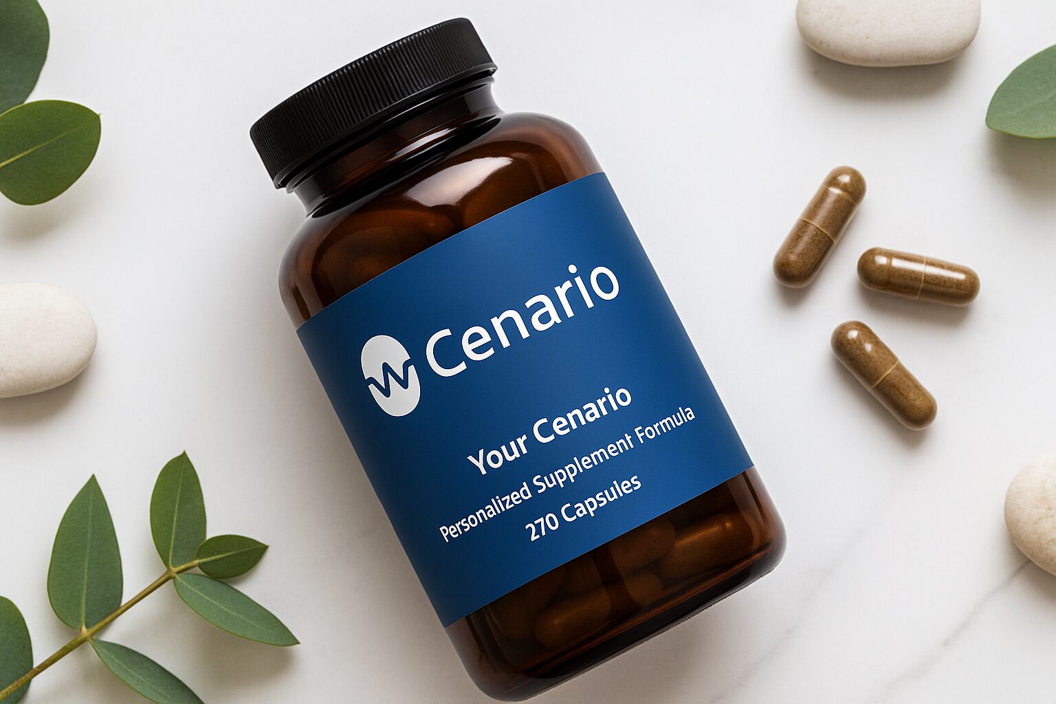 A collection of brown glass supplement bottles with white labels and silver lids arranged in rows. The background is light beige, creating a clean and organized display.