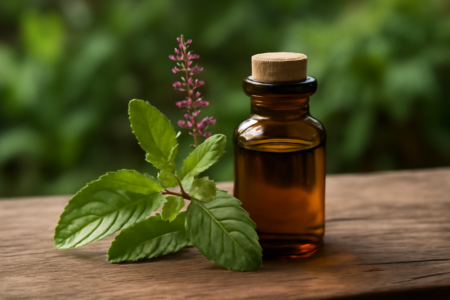 Small amber bottle with cork and holy basil sprig on wooden surface