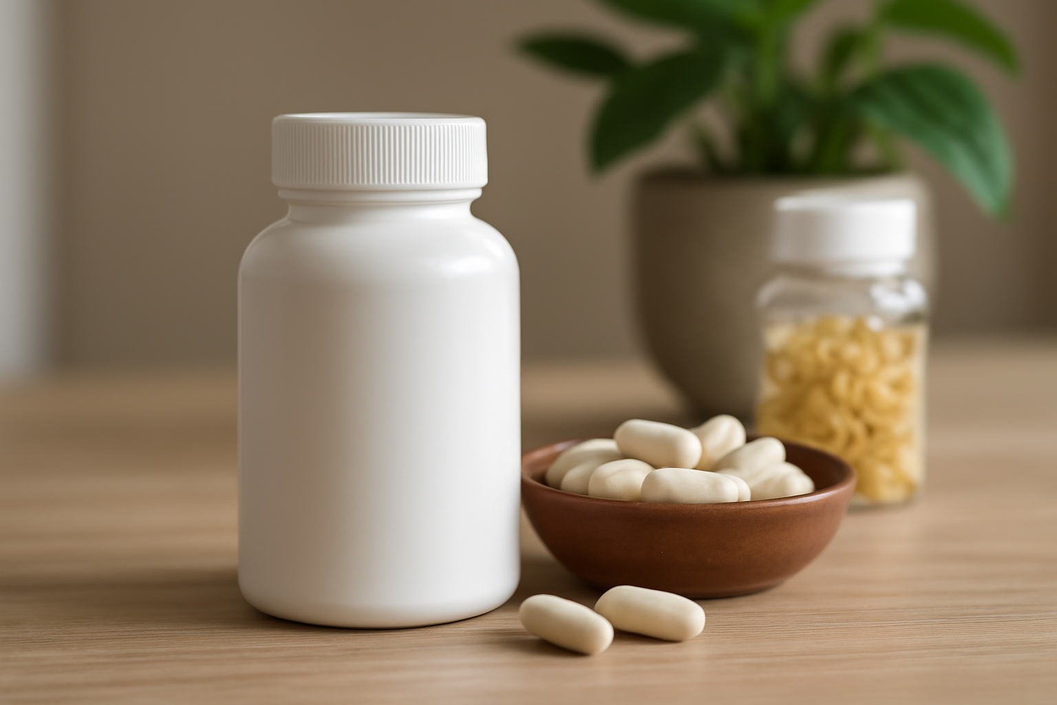 White supplement bottle and capsules in dish on wooden table