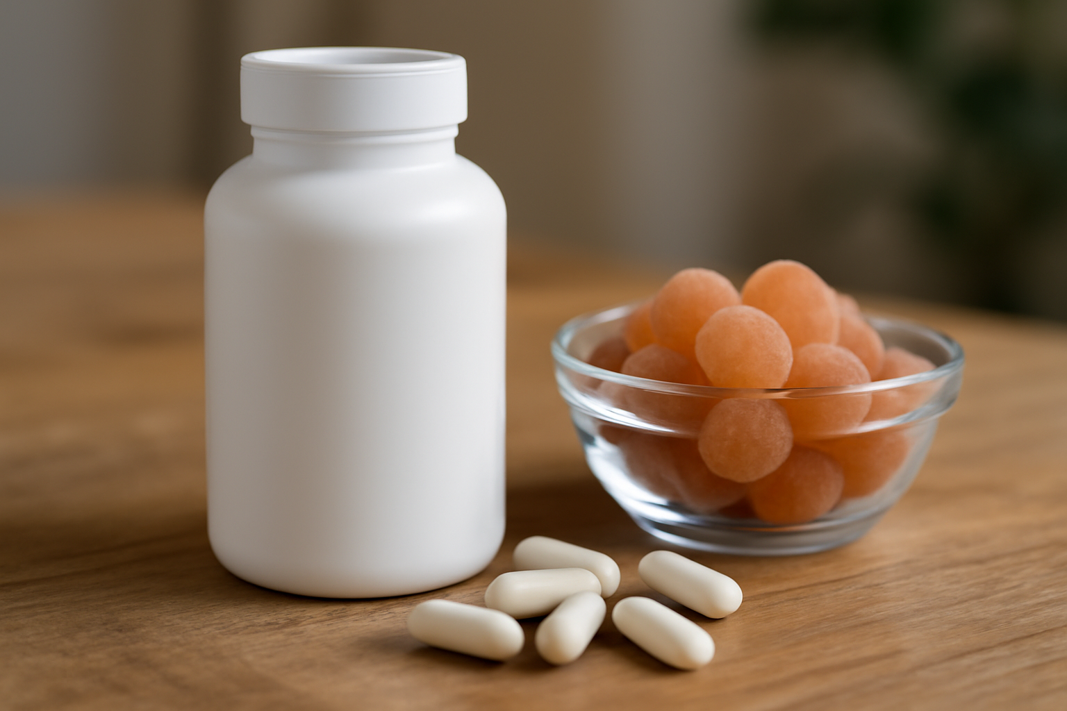 White supplement bottle with white capsules and orange gummy vitamins