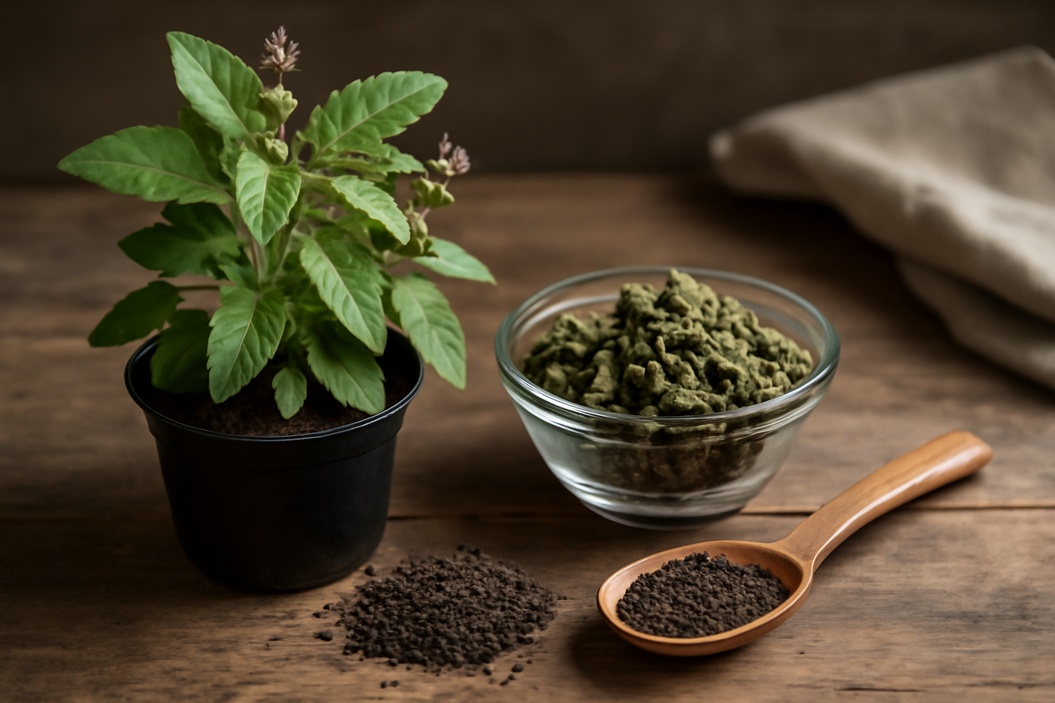 Potted holy basil plant, dried basil leaves in bowl and spoon