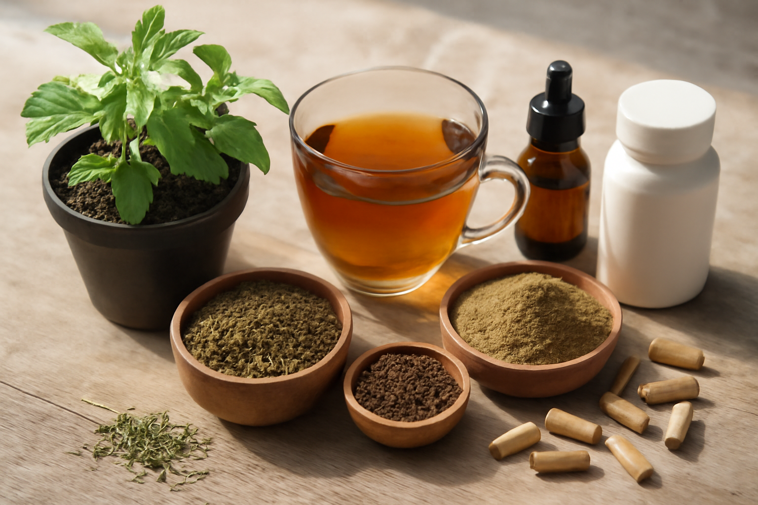 Holy basil plant, tea, powders, capsules, and tincture bottles