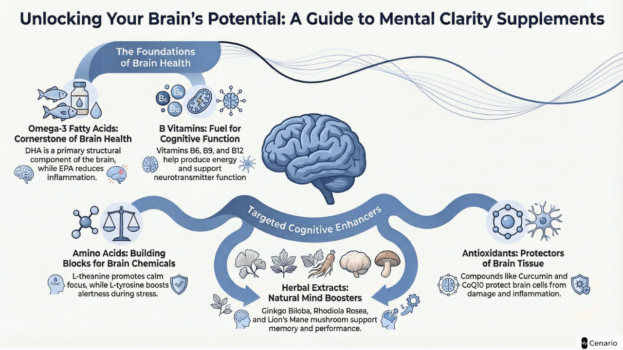 Diagram of supplements and their roles in brain health and mental clarity