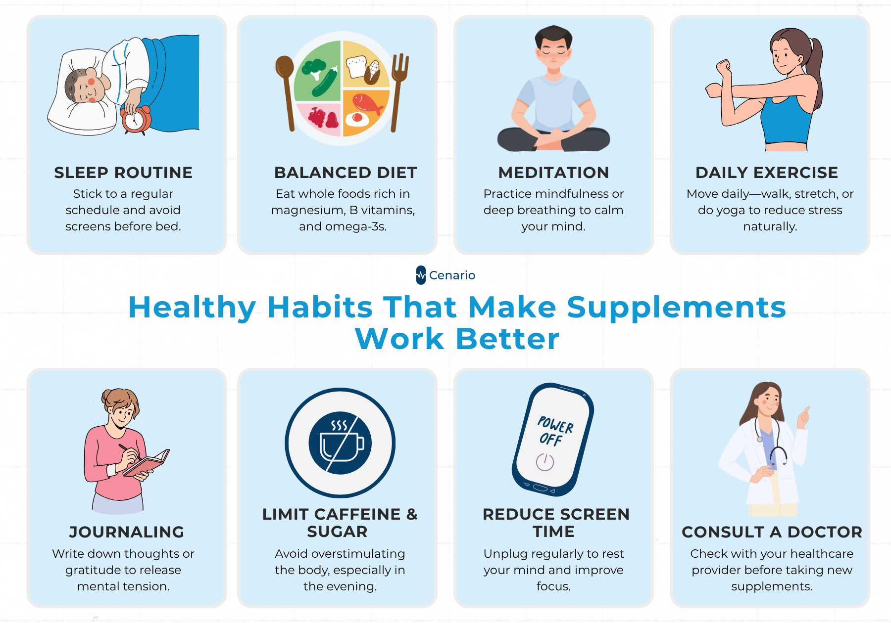 Eight illustrated healthy habits like sleep, diet, meditation, exercise, journaling