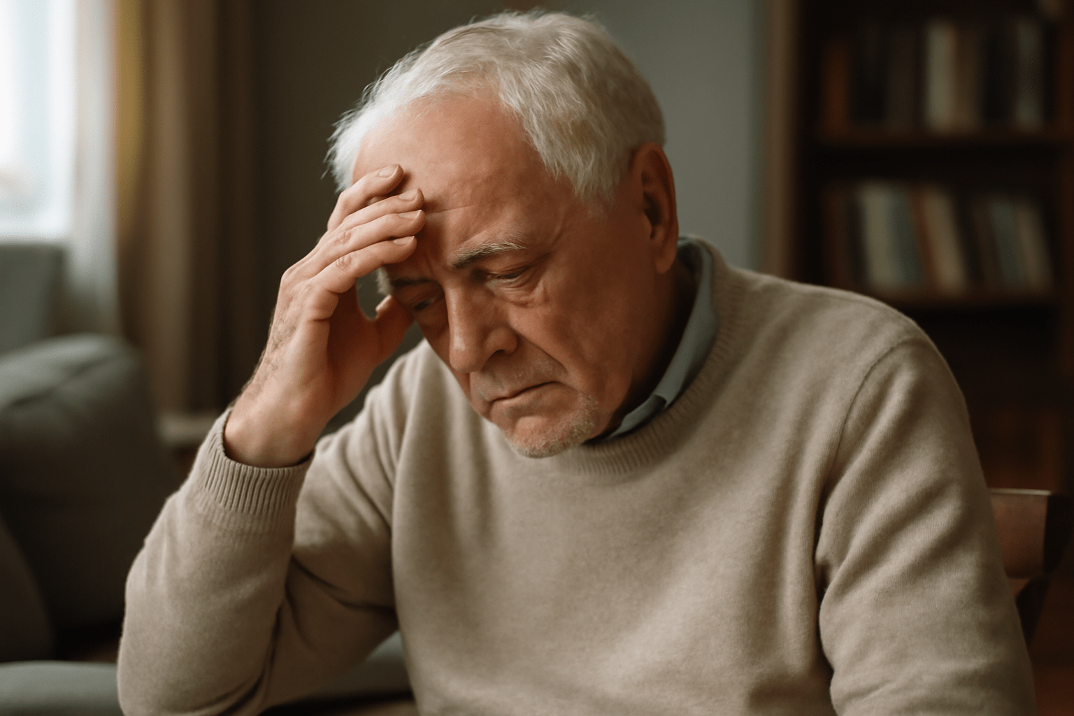 Elderly man looking distressed and holding his forehead