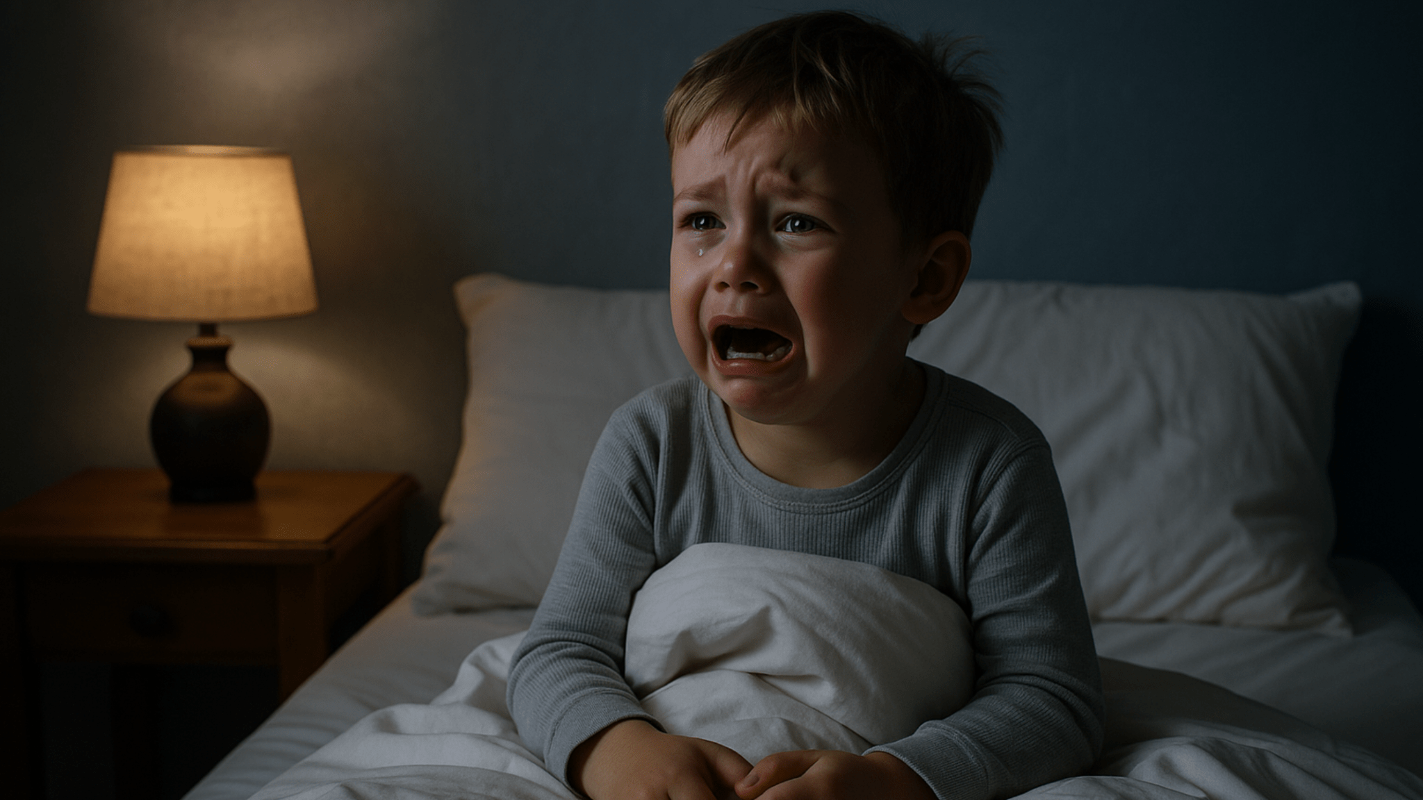 Young boy crying in bed at night with tear on cheek
