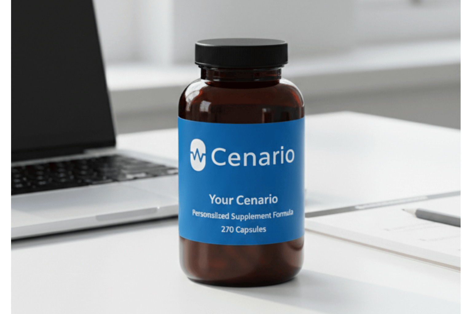 Cenario supplement bottle with blue label on desk