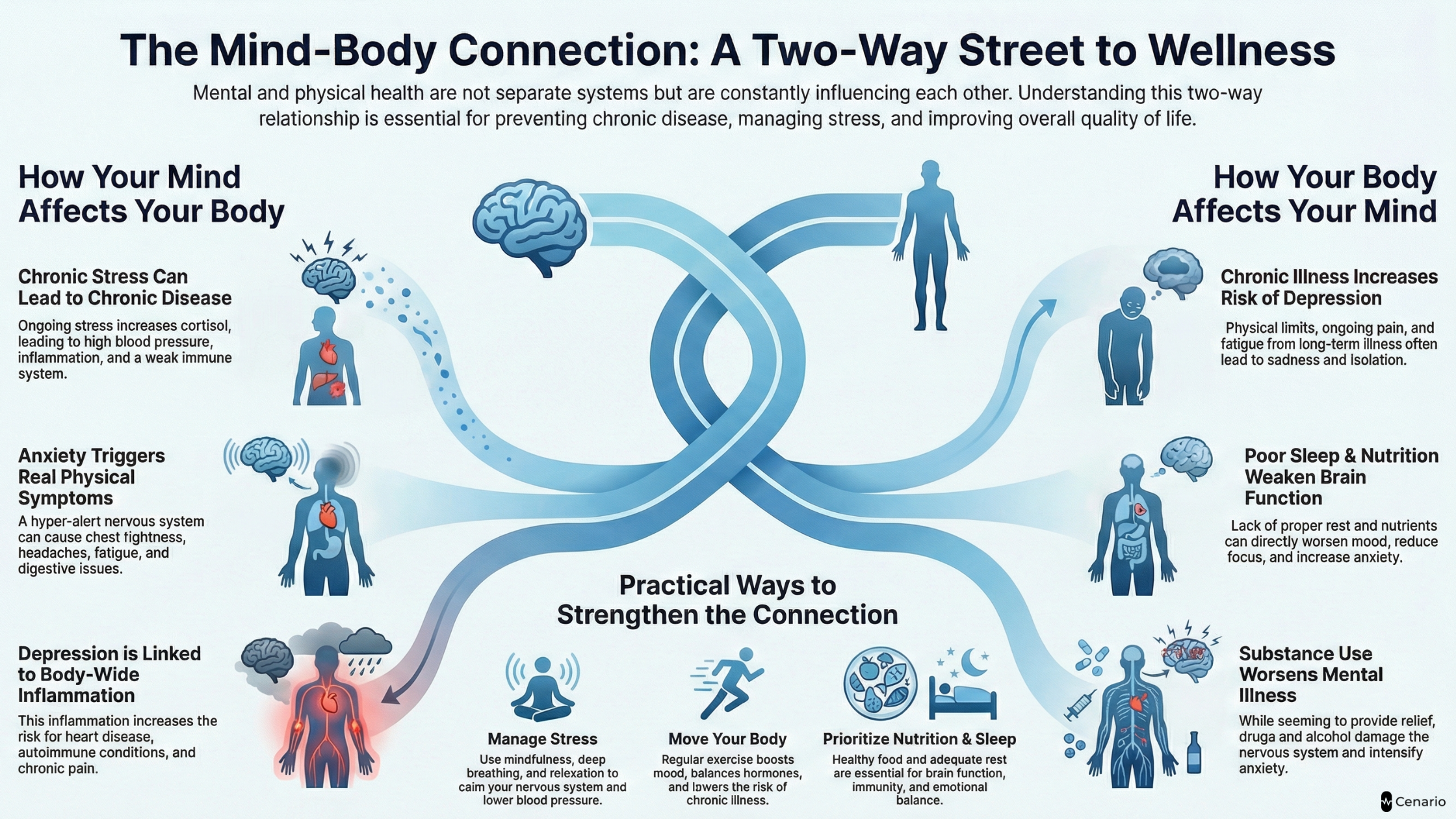 Diagram showing the two-way connection between mind and body health