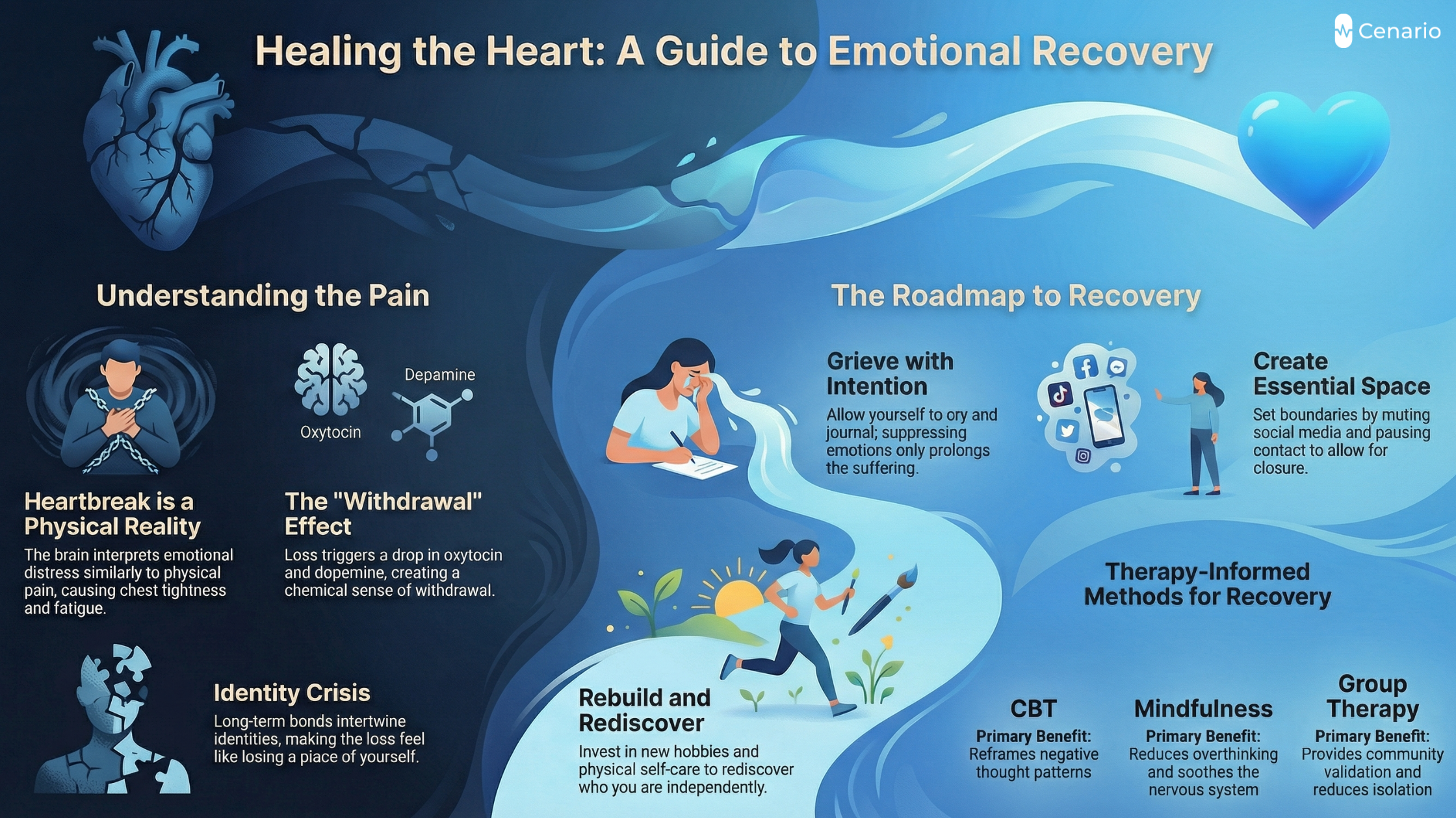 Infographic on emotional recovery after heartbreak with brain chemistry and therapy t