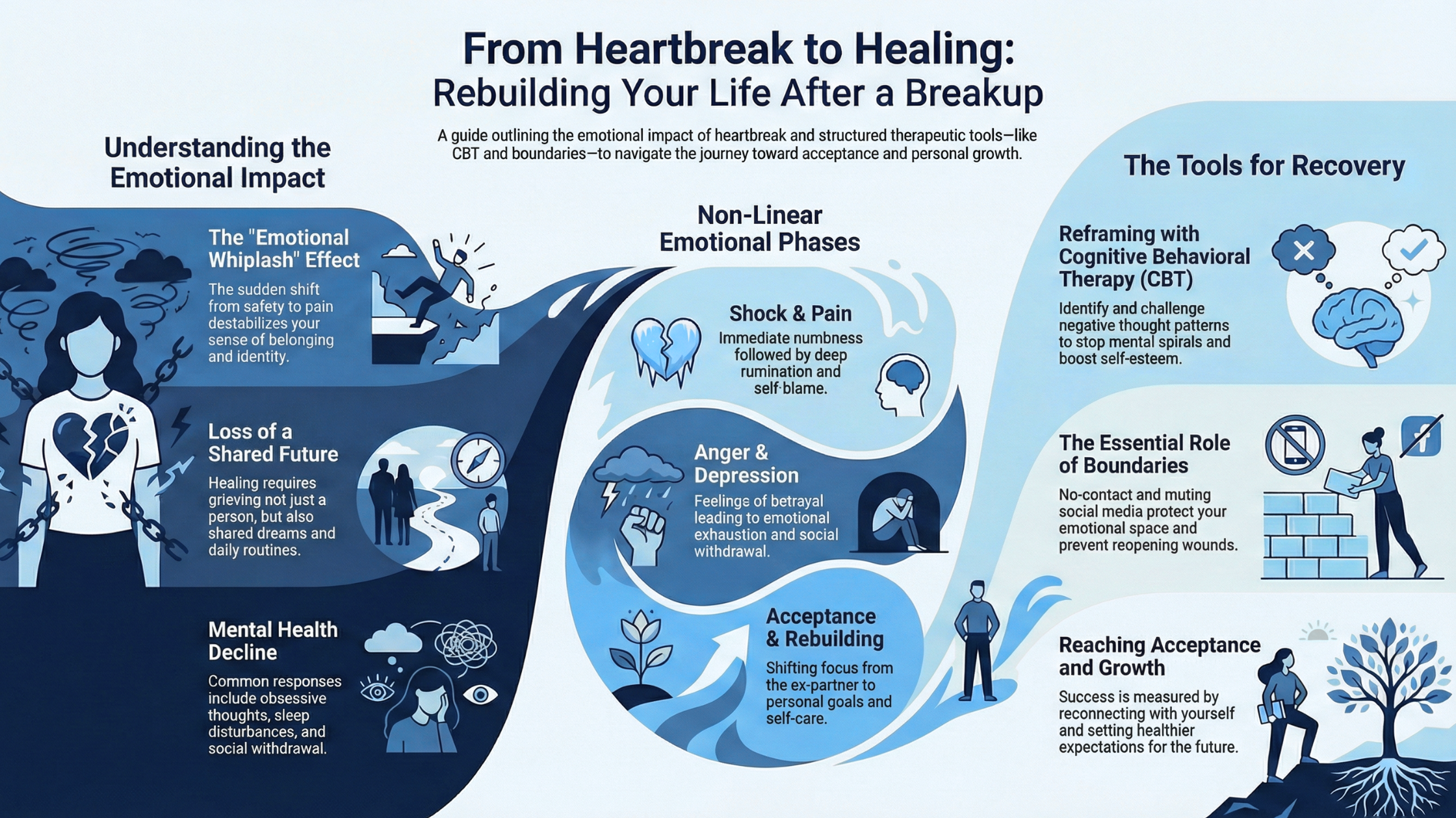 Infographic explaining emotional phases and recovery tools after a breakup