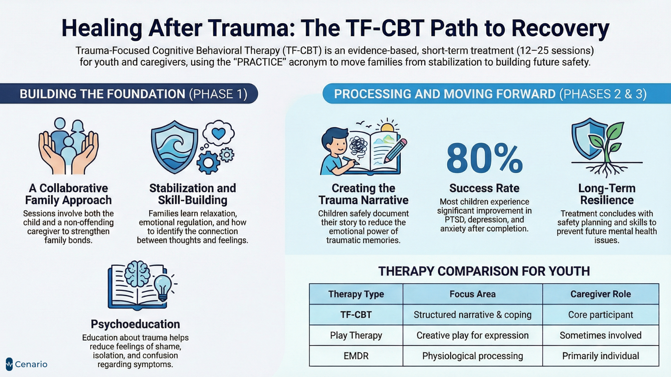 Infographic detailing Trauma-Focused Cognitive Behavioral Therapy phases and success