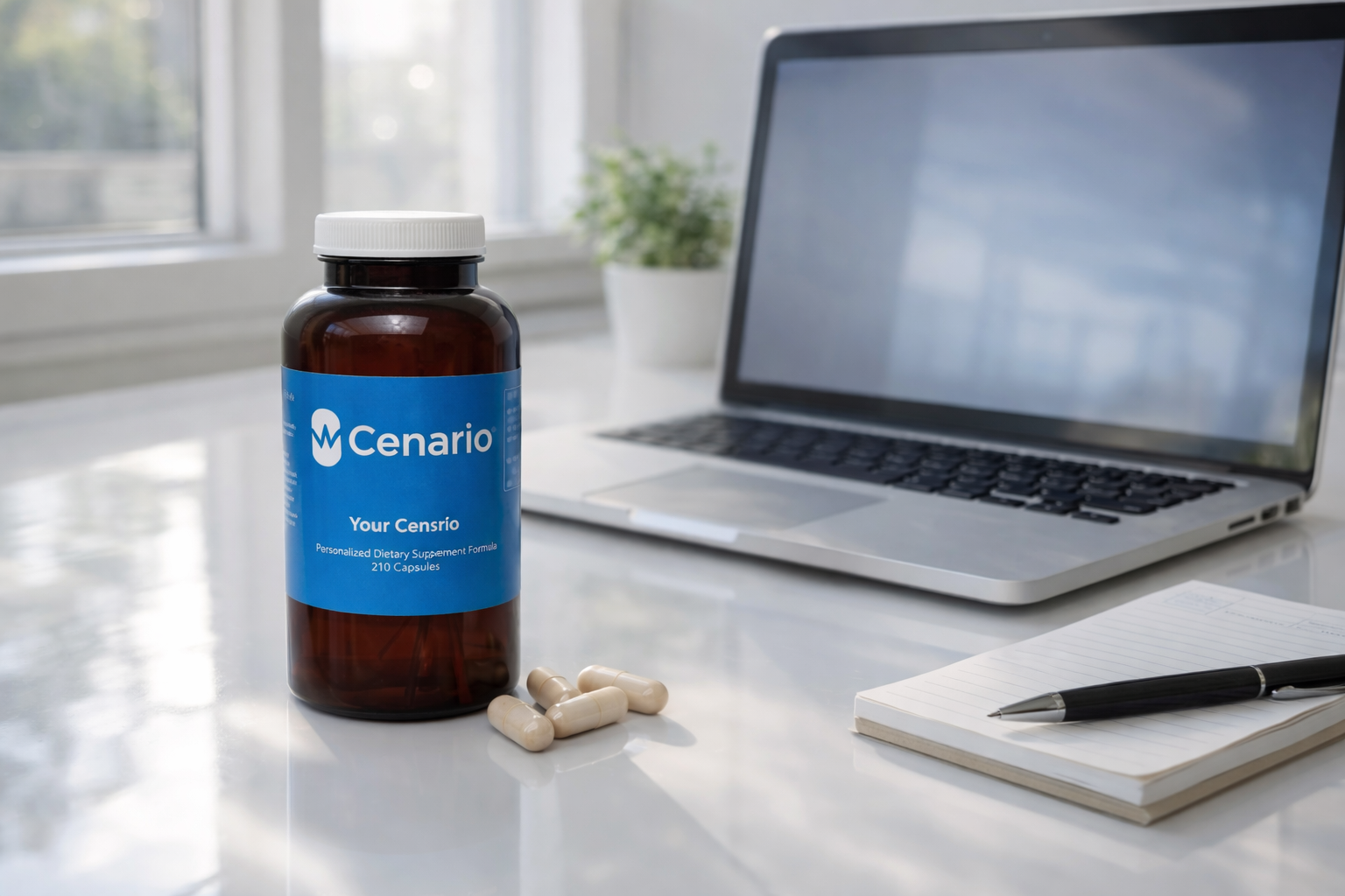 Supplement bottle with capsules next to laptop and notepad