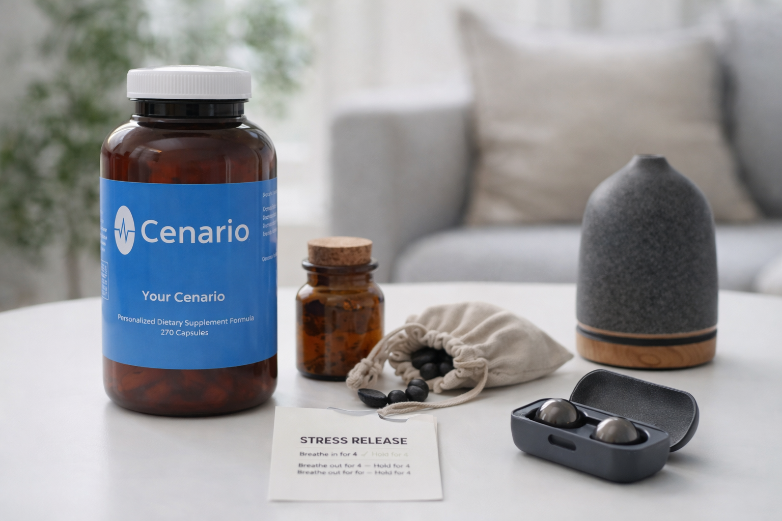 Cenario dietary supplement bottle with pills and stress release card on table