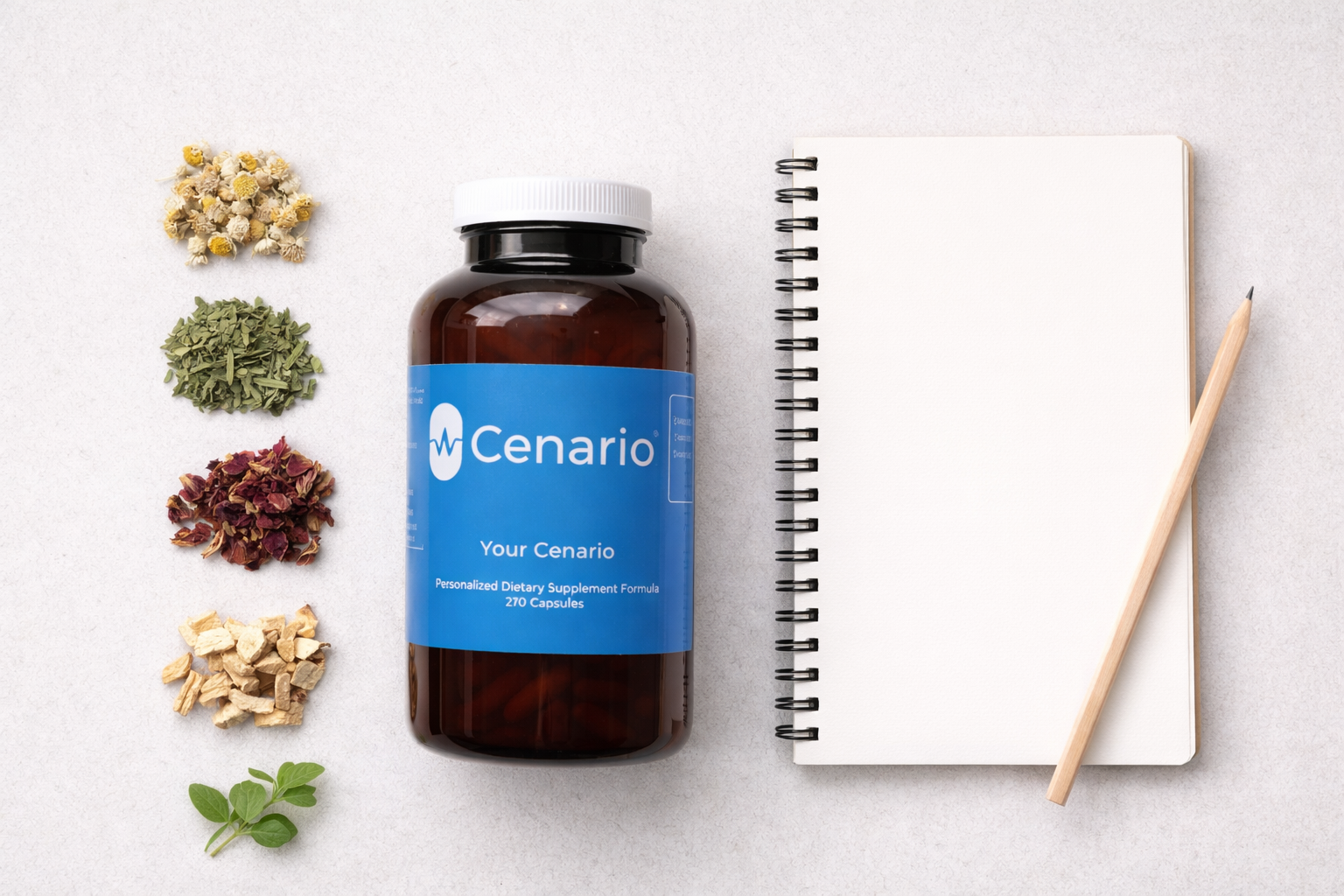 Supplement bottle labeled Cenario next to herbs and blank notebook