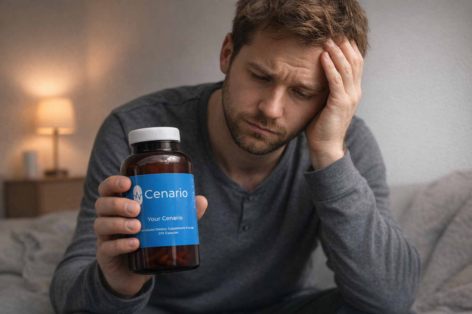 Man looking worried while holding Cenario supplement bottle