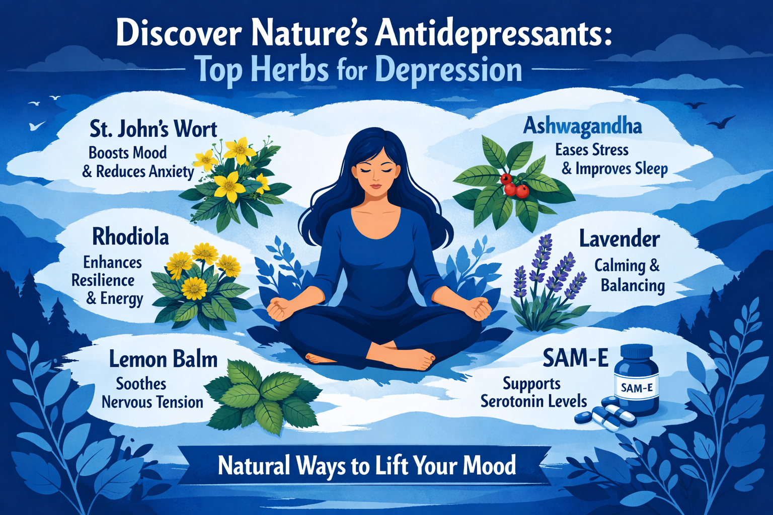 Illustration of meditation woman surrounded by herbs and supplements for mood