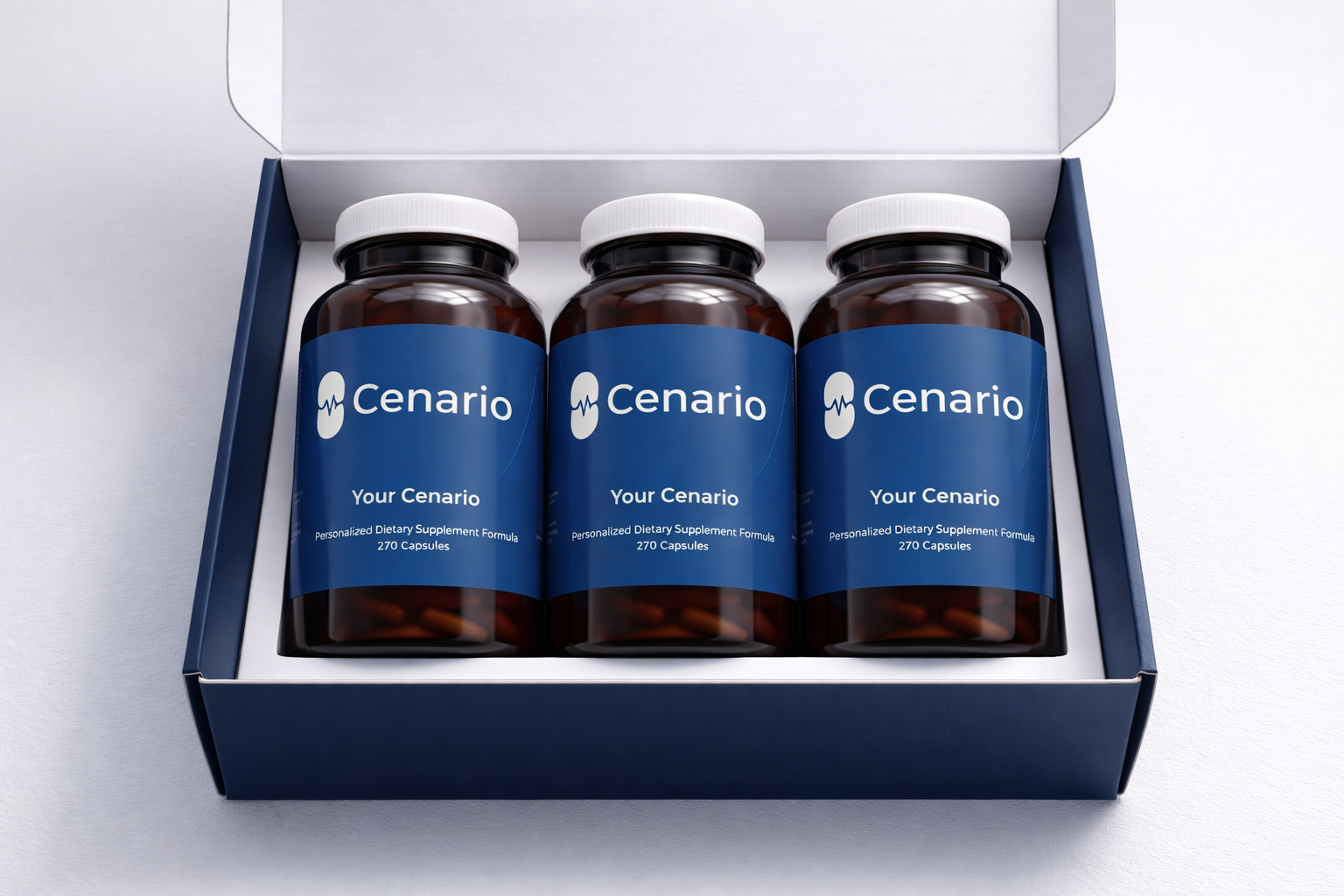 Three Cenario supplement bottles in a blue box
