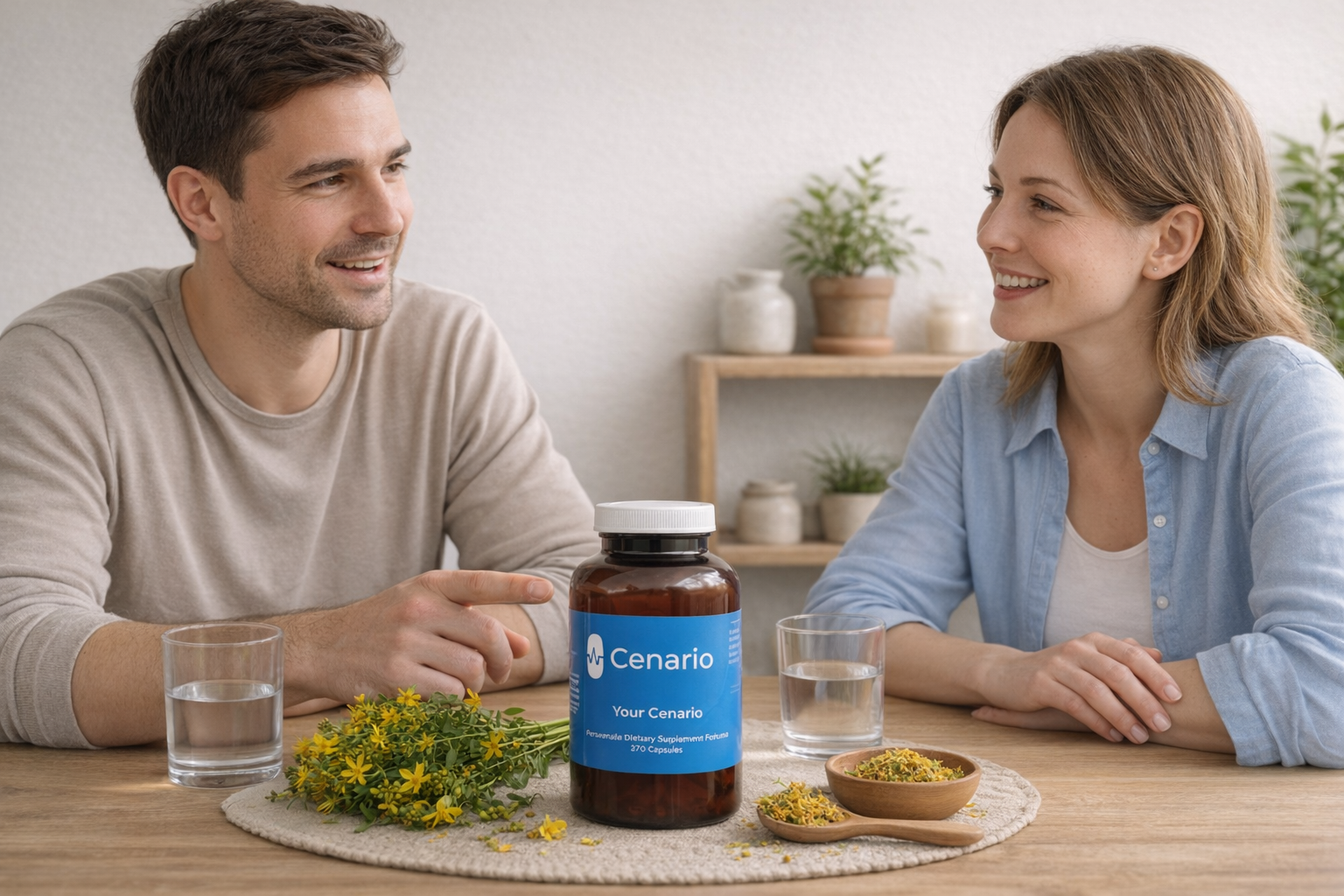 Man and woman discussing Cenario supplement and St Johns Wort herbs