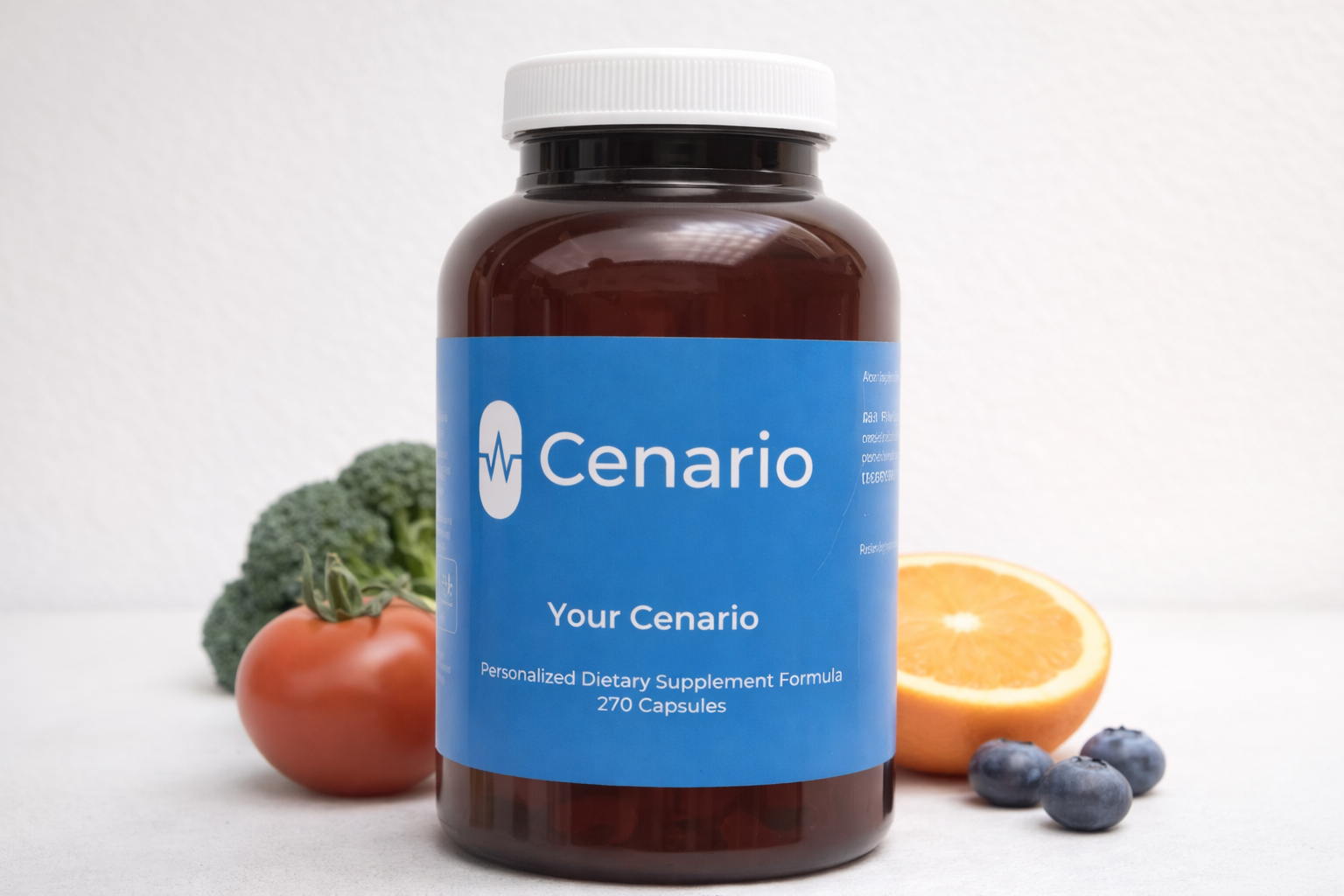 Bottle of Cenario dietary supplement with tomato, broccoli, orange, and blueberries