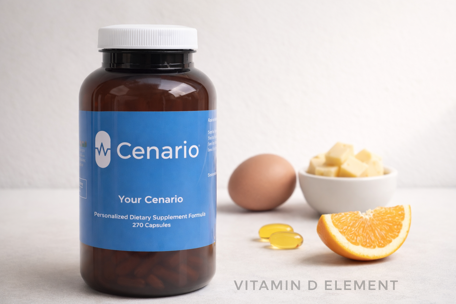 Cenario supplement bottle with egg, cheese, orange slice, and capsules