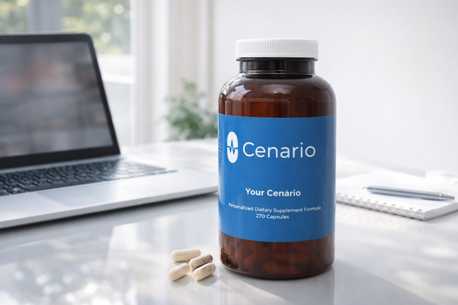 Bottle of Cenario dietary supplement capsules on a desk