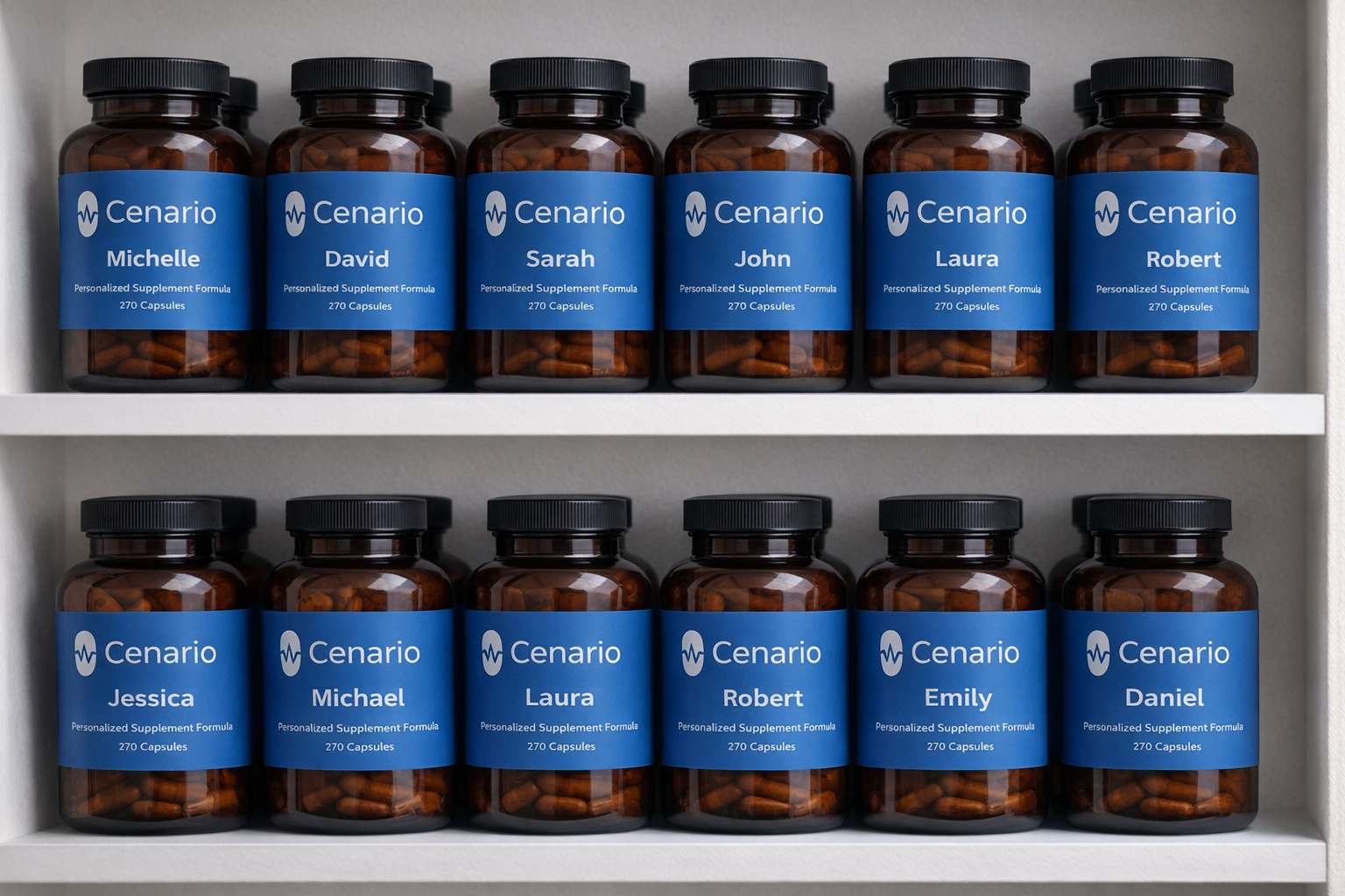 Shelves with personalized supplement bottles labeled with names
