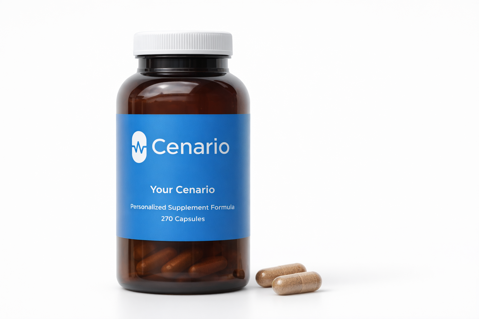 Cenario supplement bottle with two capsules on white background