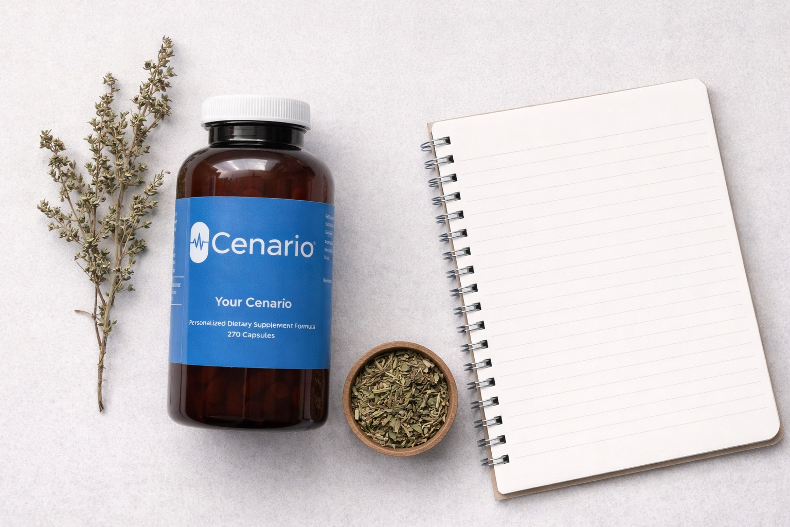 Bottle of Cenario dietary supplement with herbs and blank notebook